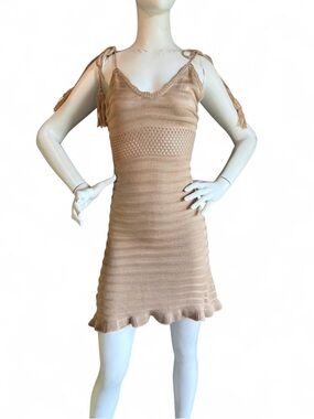 Almost Famius Beige Knit Tie-Shoulder crochet Mini Dress